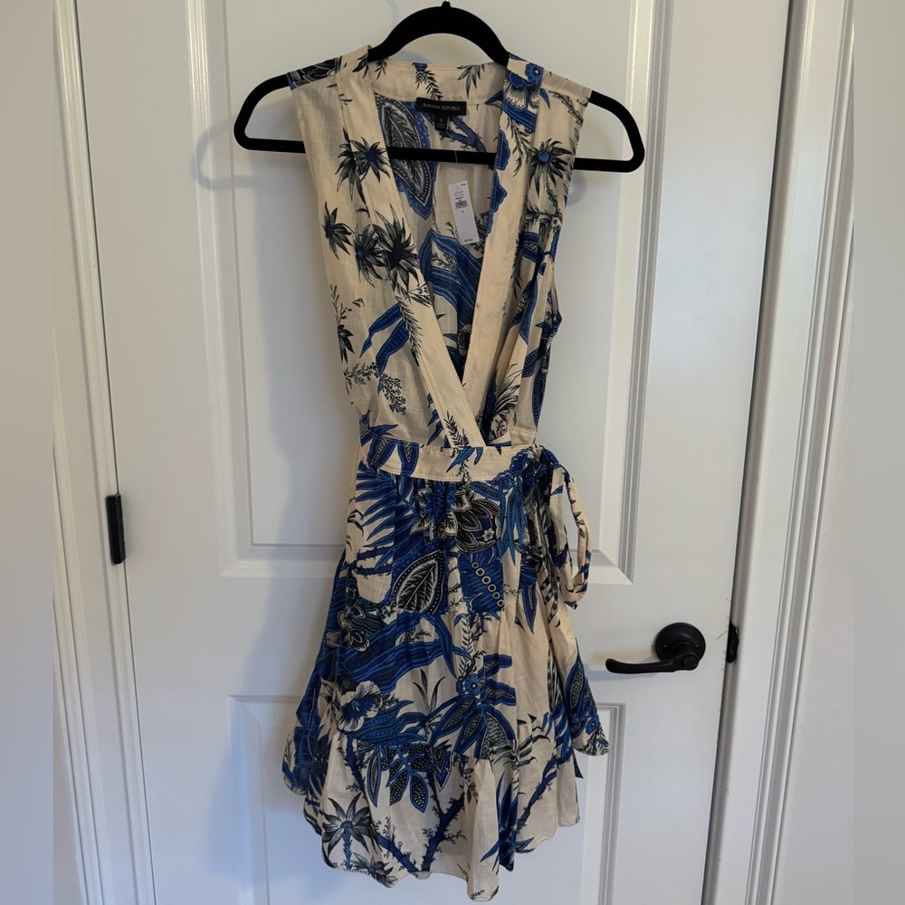 Banana Republic Cream Mini Dress with Blue Tropical Print